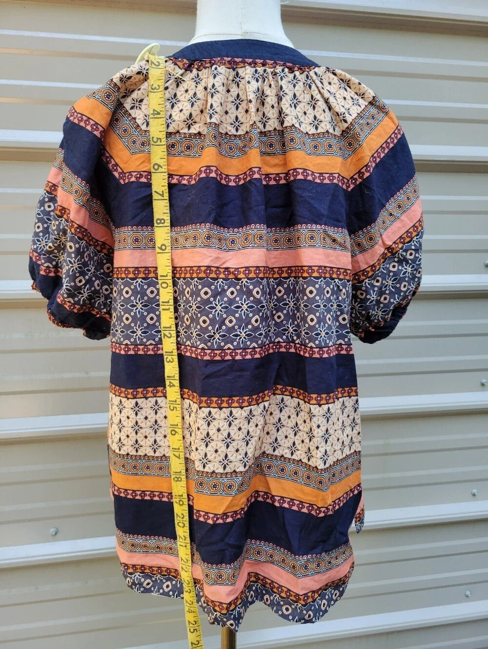 LOFT Navy Blue, Orange & Cream Patterned Peasant Blouse